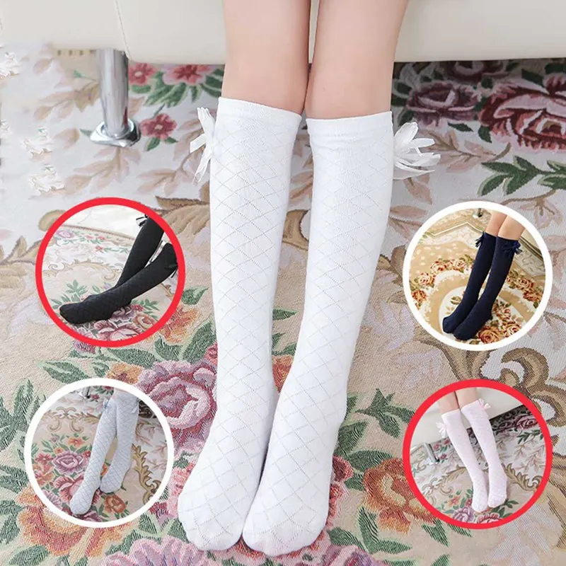 Baby Kid Socks Girl Children Cute Princess Solid Color Lace Bow Tie Patchwork Girls Knee High Long Socks Girls Knee Socks 1-15Y