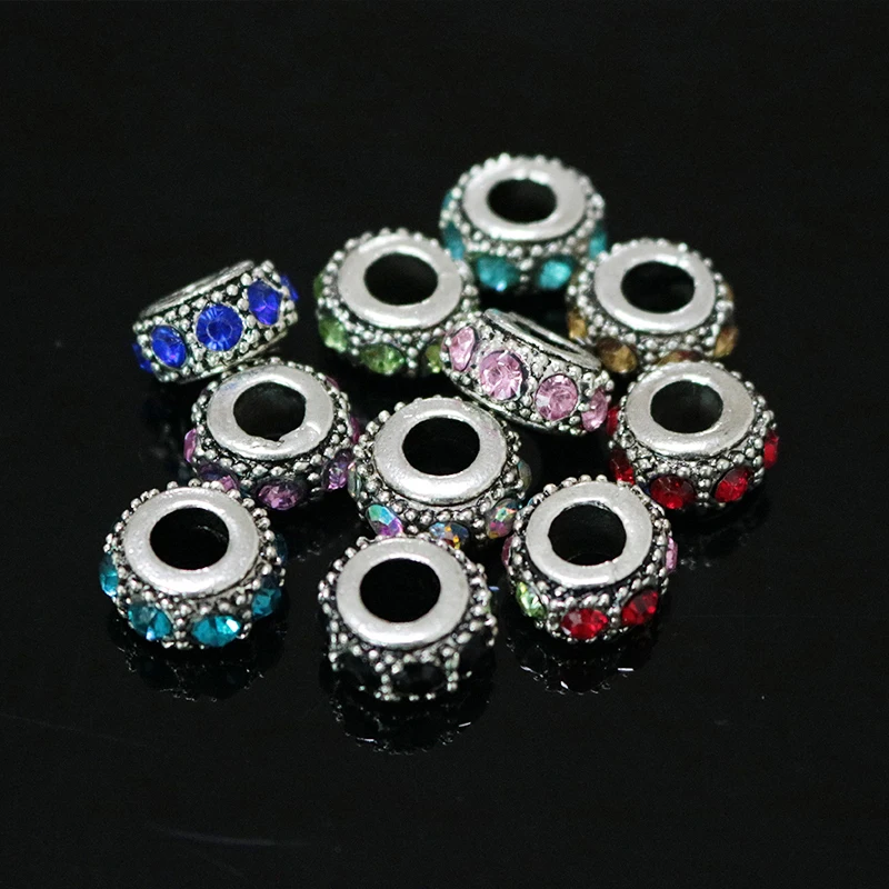 6*12mm 50pcs Random Mixed Color Metal Crystal Beads Big Hole Charms