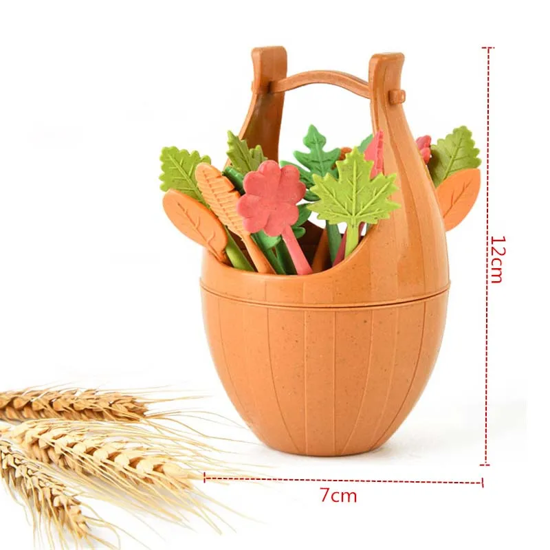 

Hot 16pcs/Set Easy Cleaned Natural Bucket Fruit Fork Set with Barrel Vegetable Salad Forks Table Decor Tools