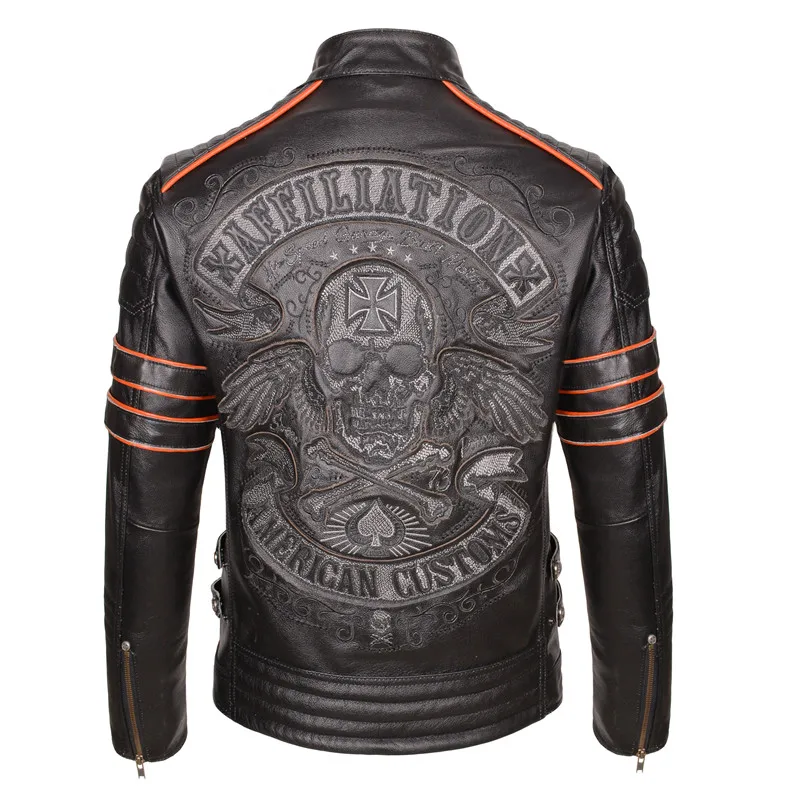 

2020 Vintage Black Men Skull Embroidery Biker's Leather Jacket Plus Size 4XL Genuine Cowhide Slim Fit Leather Coat FREE SHIPPING