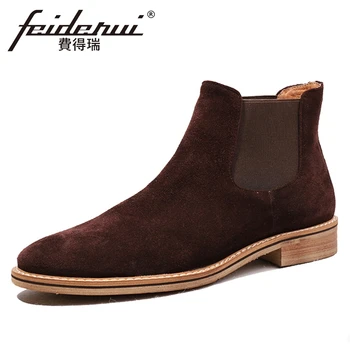 

Fashion Cow Suede Leather Men's High-Top Chelsea Ankle Boots Round Toe Handmade Nubuck Cowboy Shoes For Man HQS269