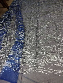 

New African glued glitter Lace Fabric with silver glitter blue mesh Fashion Tulle French Lace Nigerian Lace On Sale YG-147