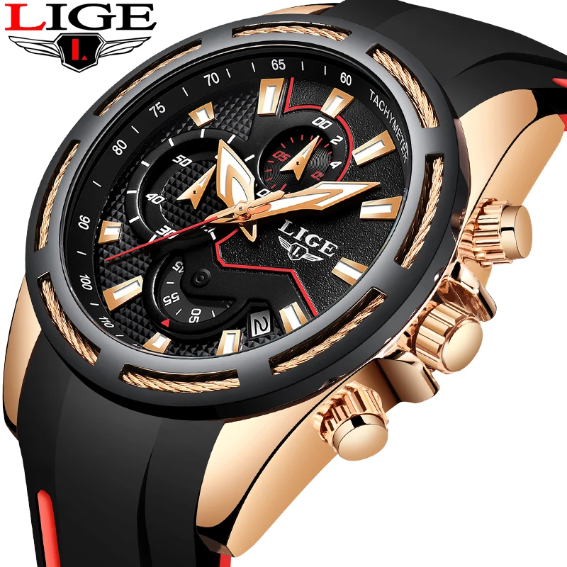 

2019 LIGE New Silicone Strap Mens Watches Top Brand Luxury Waterproof Sport Chronograph Gold Quartz Wristwatch Reloj Hombre+Box