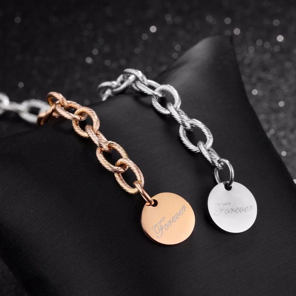 Forever Bracelet Stainless Steel Round Metal Tag Charm Bracelet with
