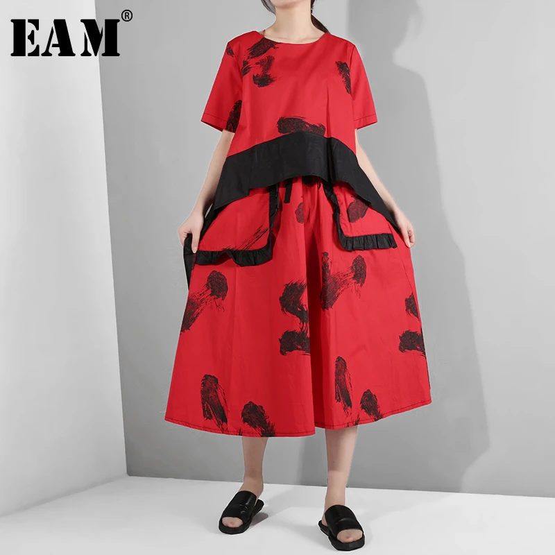 

[EAM] 2019 New Spring Summer Round Neck Short Sleeve Pattern Ruffles Stitch Loose Big Size Long Dress Women Fashion Tide YC954