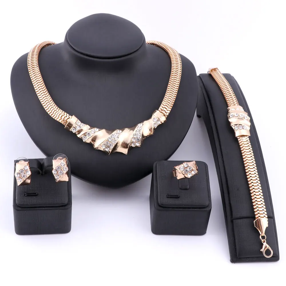 Fine Jewelry Sets Wedding Gold Color Crystal Necklace Party Women African Beads Bridal Ring
