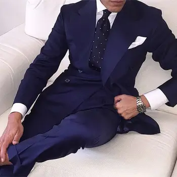 

2016 Autumn Fall Navy Blue Double Breasted Groom Tuxedos 2 Pieces Mens Wedding Prom Dinner Suits Gentleman Suit blazer masculino