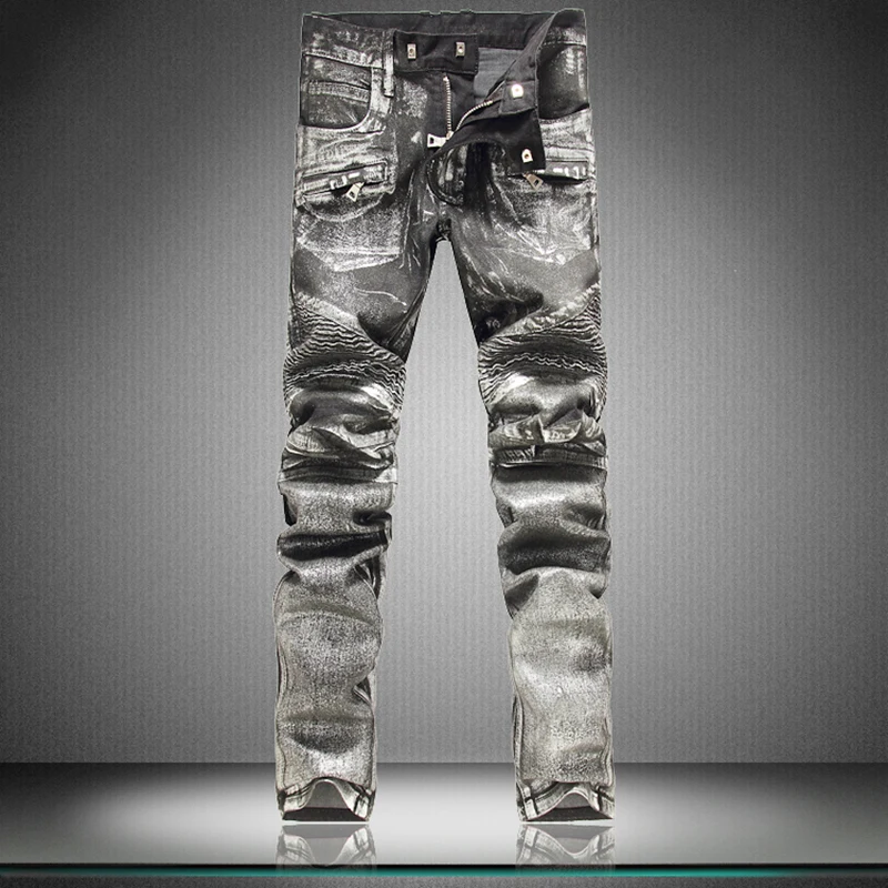 

Slim Fit coated jeans designer jeans men Biker Style Motorcycle Designer Painted Denim Jeans ripped yellow silvery jeans 912_913