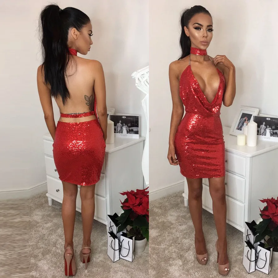 2017 женщины красный sexy выдалбливают холтер блестки bodycon bangage dress с плеча спинки