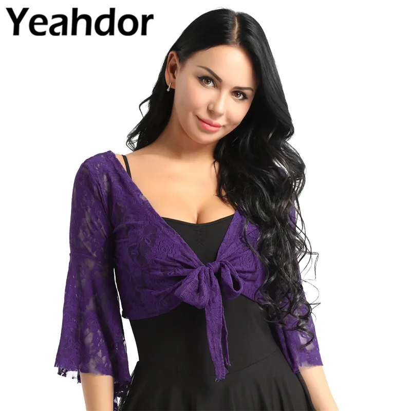 

Womens Long Flare Sleeve Belly Dance Butter fly Lace Top Shrug Gymnastics Cover Up Cardigan Wraps for Belly Dance Class Skirts