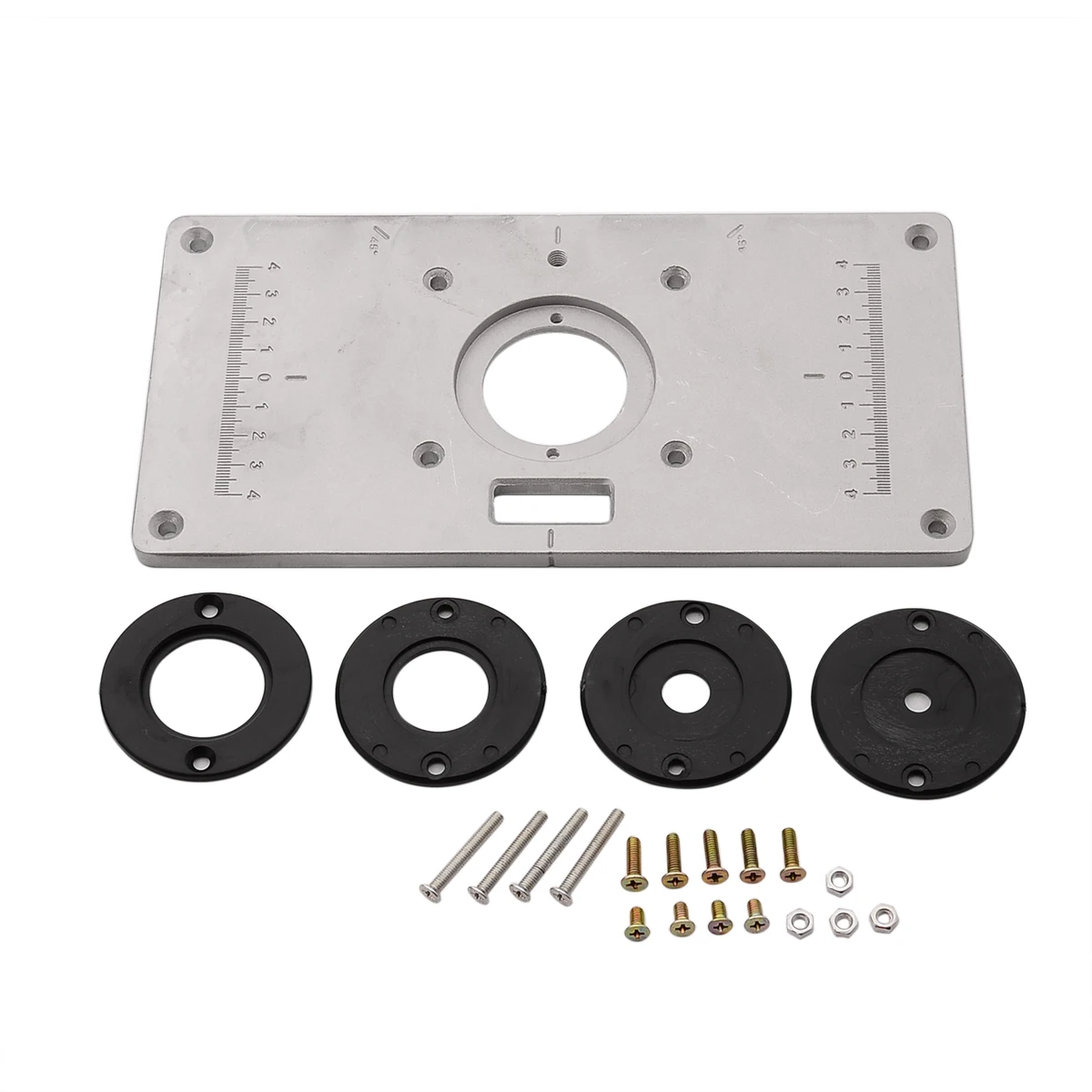 1set Aluminum Metal Router Table Insert Plate with 4pcs Insert Rings Fixing Screws Woodworking Tools