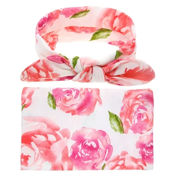 

Brand New Floral Print Infants Newborn Receiving Swaddle Blanket Headband Set Baby Wrap Towel