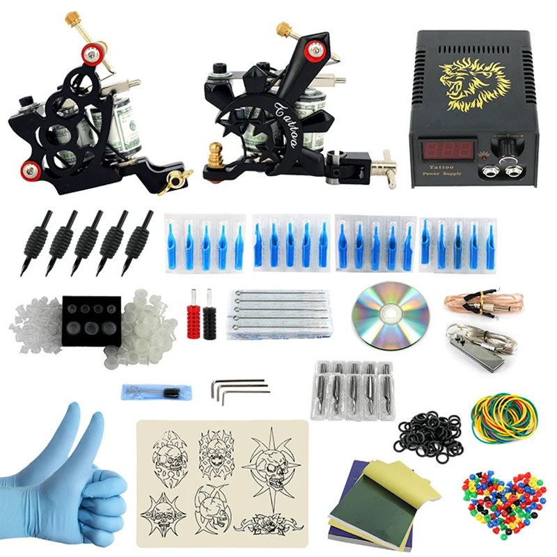 

Complete profession Tattoo kits 10 wrap coils 2 guns machine Tattoo needles sets power supply disposable needle clip cord