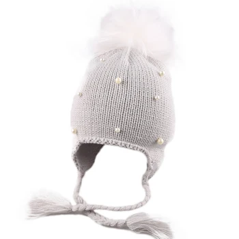 

Arrival cute kid babies Beanies caps Child Crochet Winter Warm Knit Hats Cap Baby Boy Girls beading Hair Ball Earbud Hat(gray)