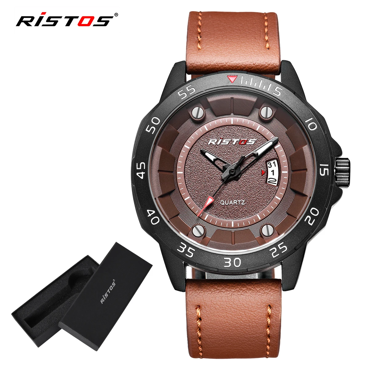 

RISTOS Brand Sport Quartz Watch Genuine Leather Watches Date Calendar Fashion Men Wristwatch Hombre Reloj Masculino Hombre 9332
