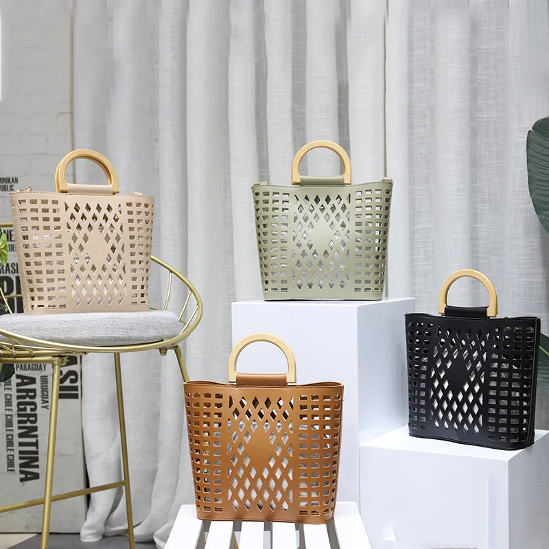 Hollow Composite Bags Women Handbag Wooden Handle Beach Bag PU Leather Lady Shoulder Bag Female Summer Bags