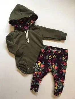 

2018 Spring Autumn 2Pcs Newborn Toddler Baby Girls Boys Floral Hooded Long Sleeve Bodysuit Tops Print Long Pants Outfits Set