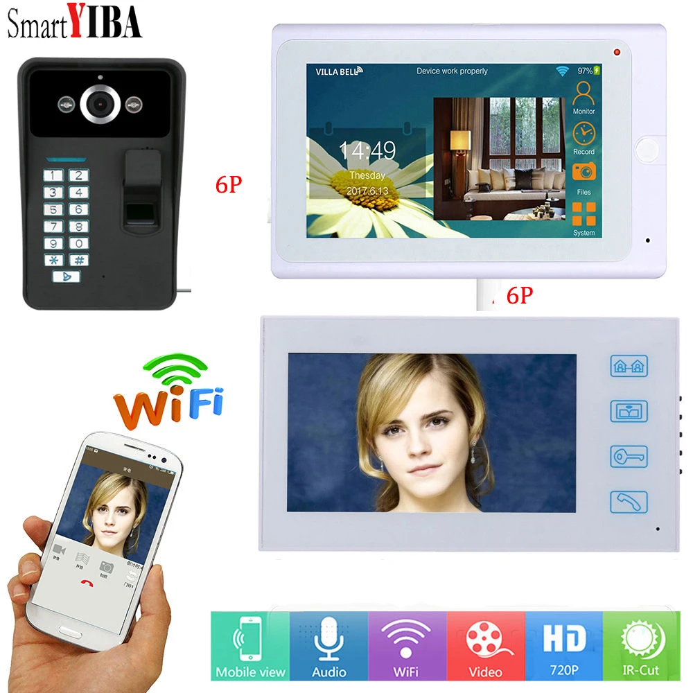 YobangSecurity белый с 7 Inch монитор Wi-Fi Беспроводной видео-телефон двери видеопереговорное устройство отпечатков пальцев RFID пароль Камера