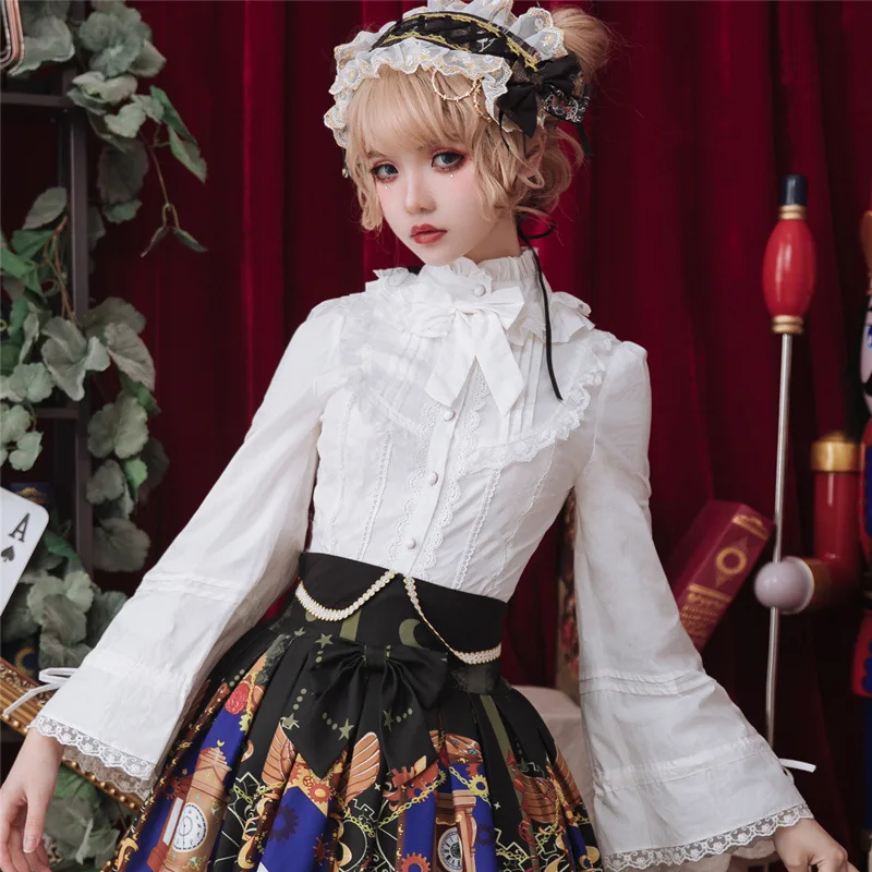 

PYJTRL Vintage LOLITA Stand Collar Pagoda Long Sleeve Blouse Elegant Lace Blusas Female Gothic Blouse Womens Tops And Blouses