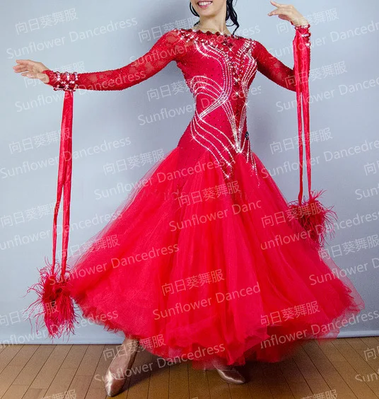 Стандартное танцевальное платье бальное для танцев вальса красного цвета костюм