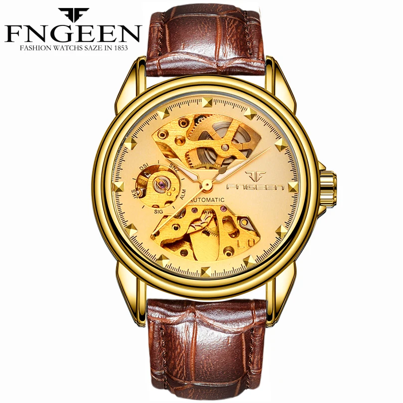 

FNGEEN Brand Leather Automatic Watch Men New Design Classic Case with PVD plating, Self-winding wearing as Casual Business Watch