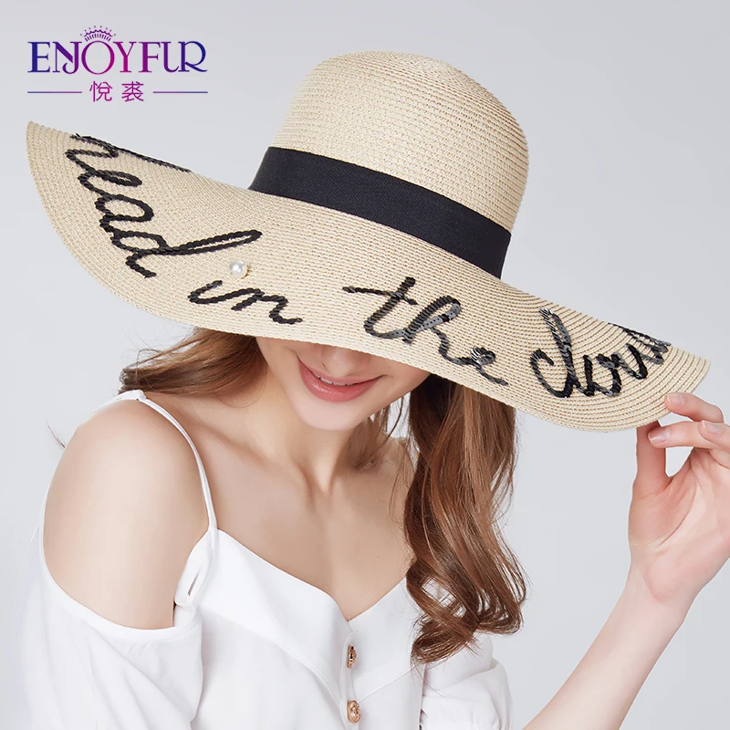 

ENJOYFUR Fashion letter pearl sun hat wide brim summer beach hat 2018 new arrival good quality straw cap