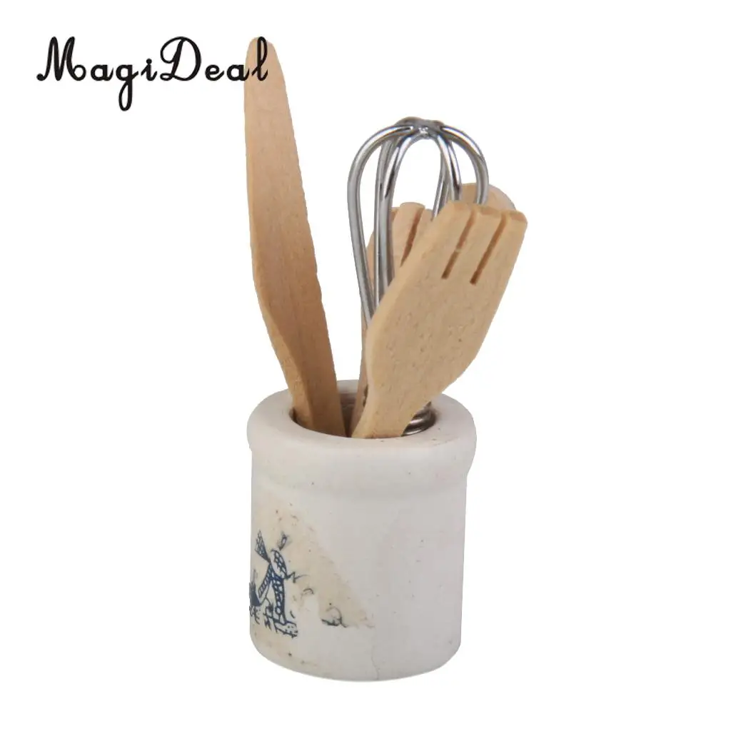 MagiDeal 1/12 Dollhouse Miniature Wooden Kitchenware Set Eggbeater Spoon for School Children Kitchen Pretend Play Tableware Toy