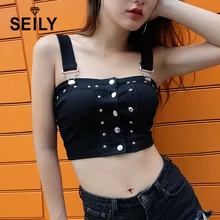 Seily 2018 Summer Black Punk Rock Rivet Festival Backless Crop Top Spaghetti Strap Buckle Short Cropped Top Women Button Cami crisscross backless scalloped peplum cami top