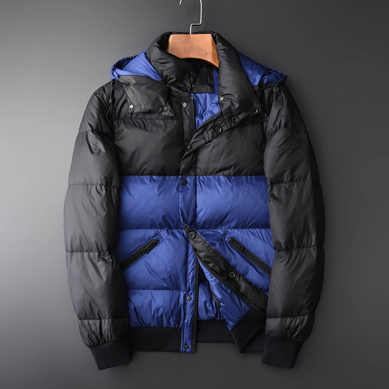 

Minglu Hat Detachable Duck Down Jacket Men Luxury Blue And Black Patchwork Jacket Down Men Warm Slim Fit Down Coat Men Winter