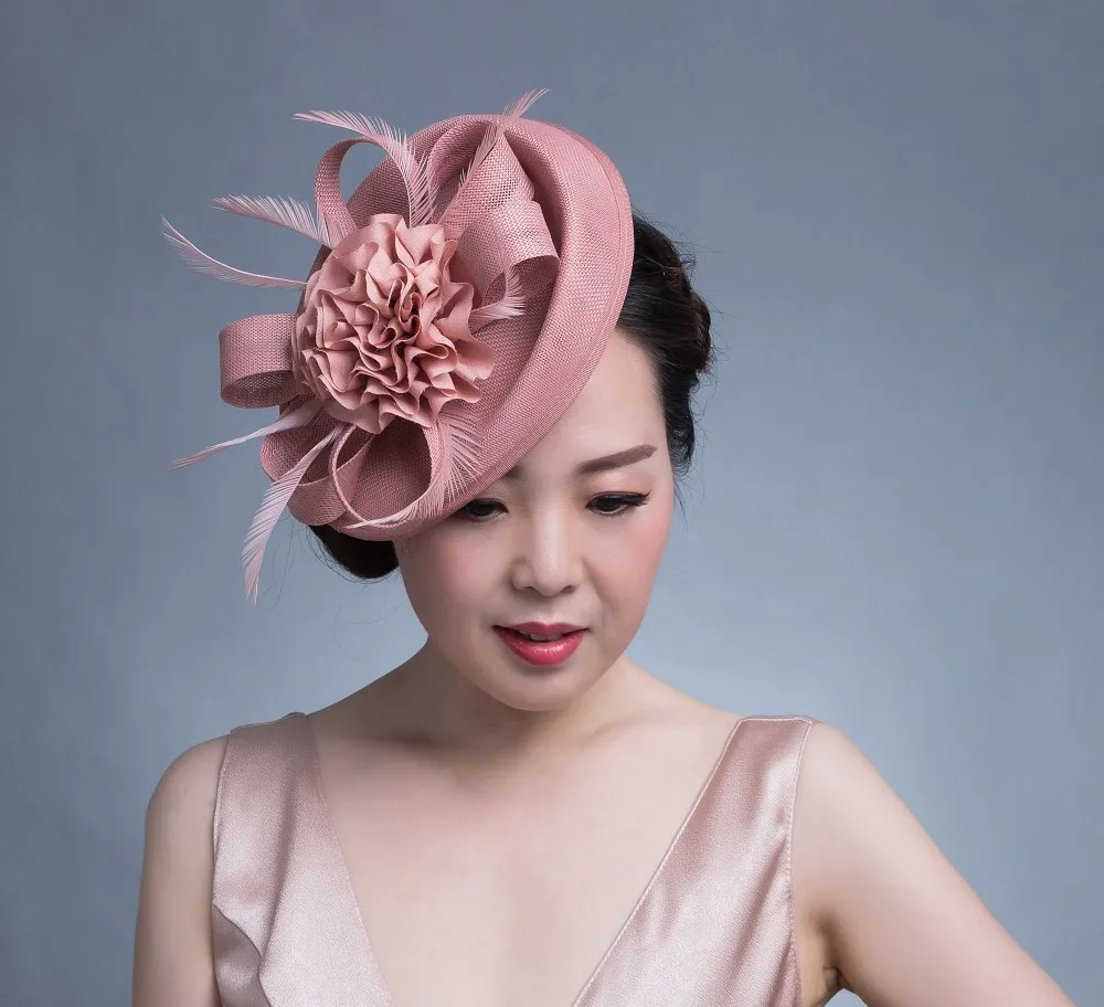 purple pink Women Chic Fascinator Hat Cocktail Wedding Party Church Headpiece kentucky Headwear Feather Hair Accessories Sinamay Fascinators - Цвет: purple pink