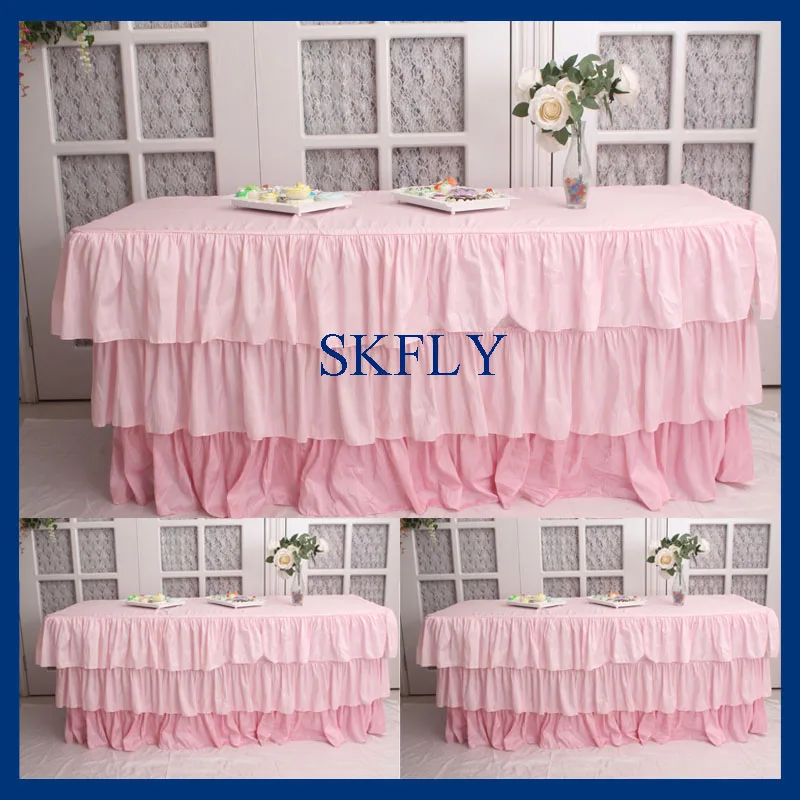 

SK006D wedding birthday party pink 6ft rectangle ruffled taffeta table cloth with top or table skirt
