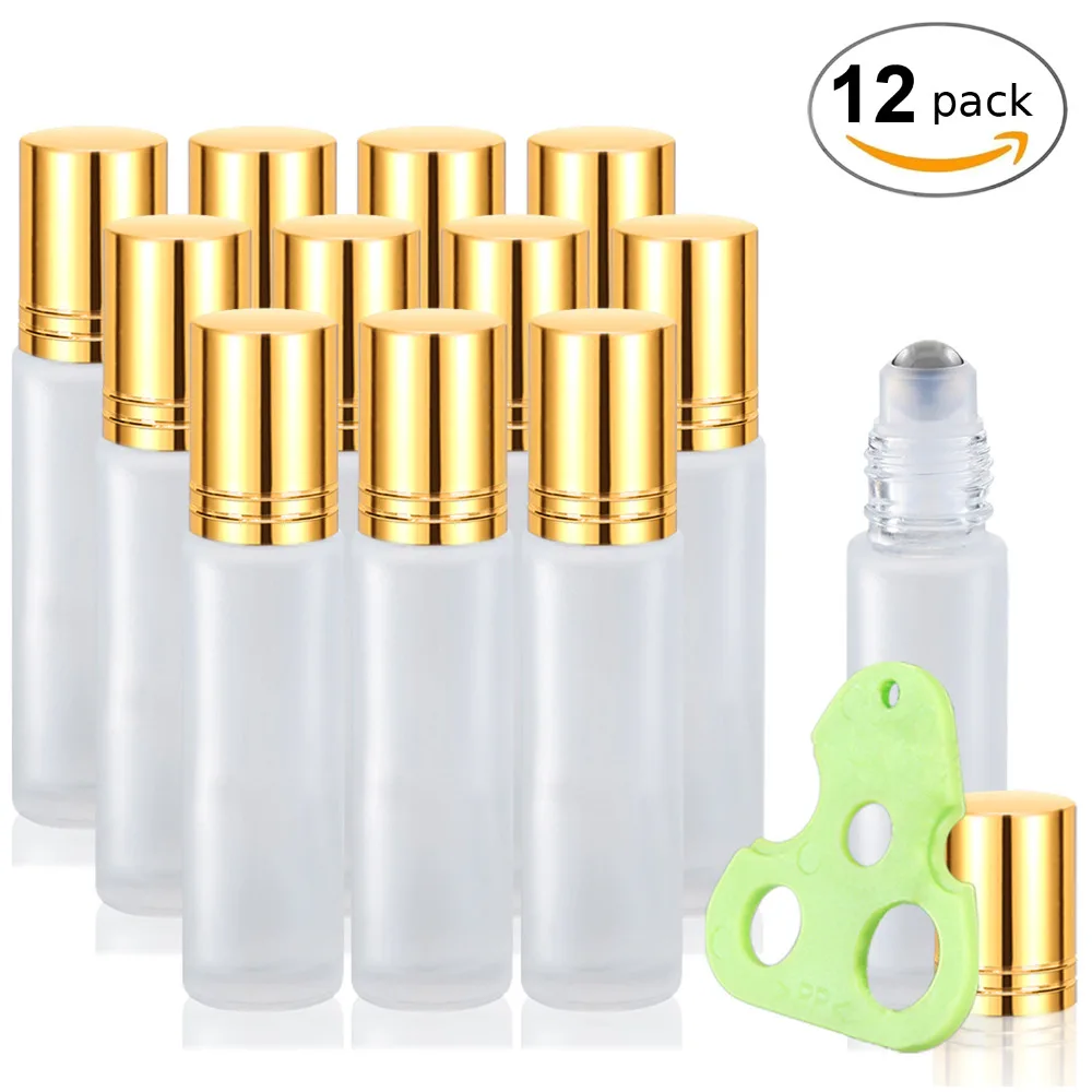 12Pack 10ml Frosted Glass Roller Bottles with Stainless Steel Roller