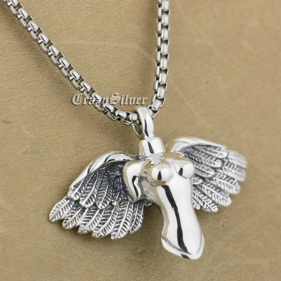 

LINSION 925 Sterling Silver Naked Angel Mens Biker Rock Punk Pendant 9S001