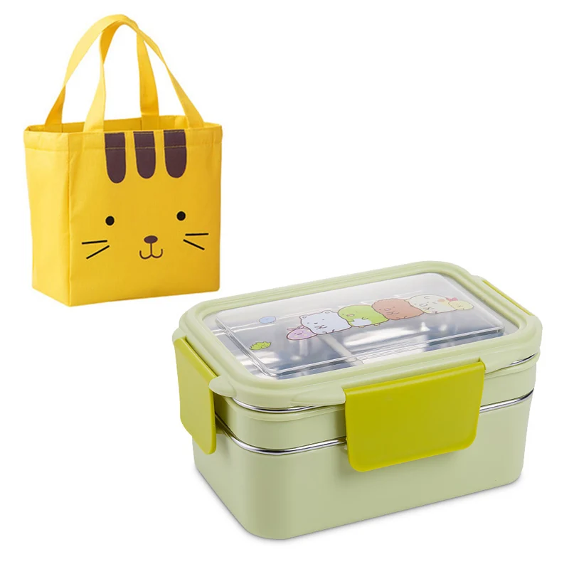 Green-Lunch Bag Baispo коробка для школьных бенто, мультяшный Ланч-бокс из нержавеющей стали, двухслойный контейнер для еды, портативный для детей, для пикника, экологически чистый - Цвет: Green-Lunch Bag