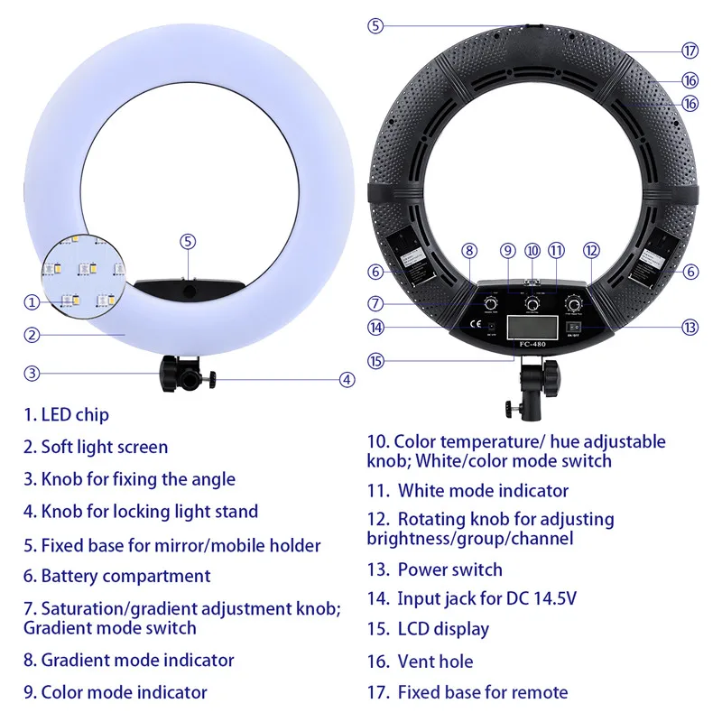 Yidoblo FC-480 красочный 480 светодиодный фотографический светильник с регулируемой яркостью 2800-10000k 96W камера телефон фото студия кольцевой светильник лампа зеркало