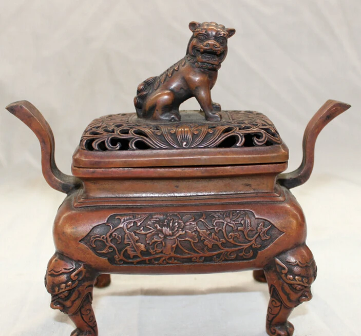 

song voge gem S5204 Folk Chinese Bronze Foo Fu Dog Lion Head Statue Flower Incense Burner Censer