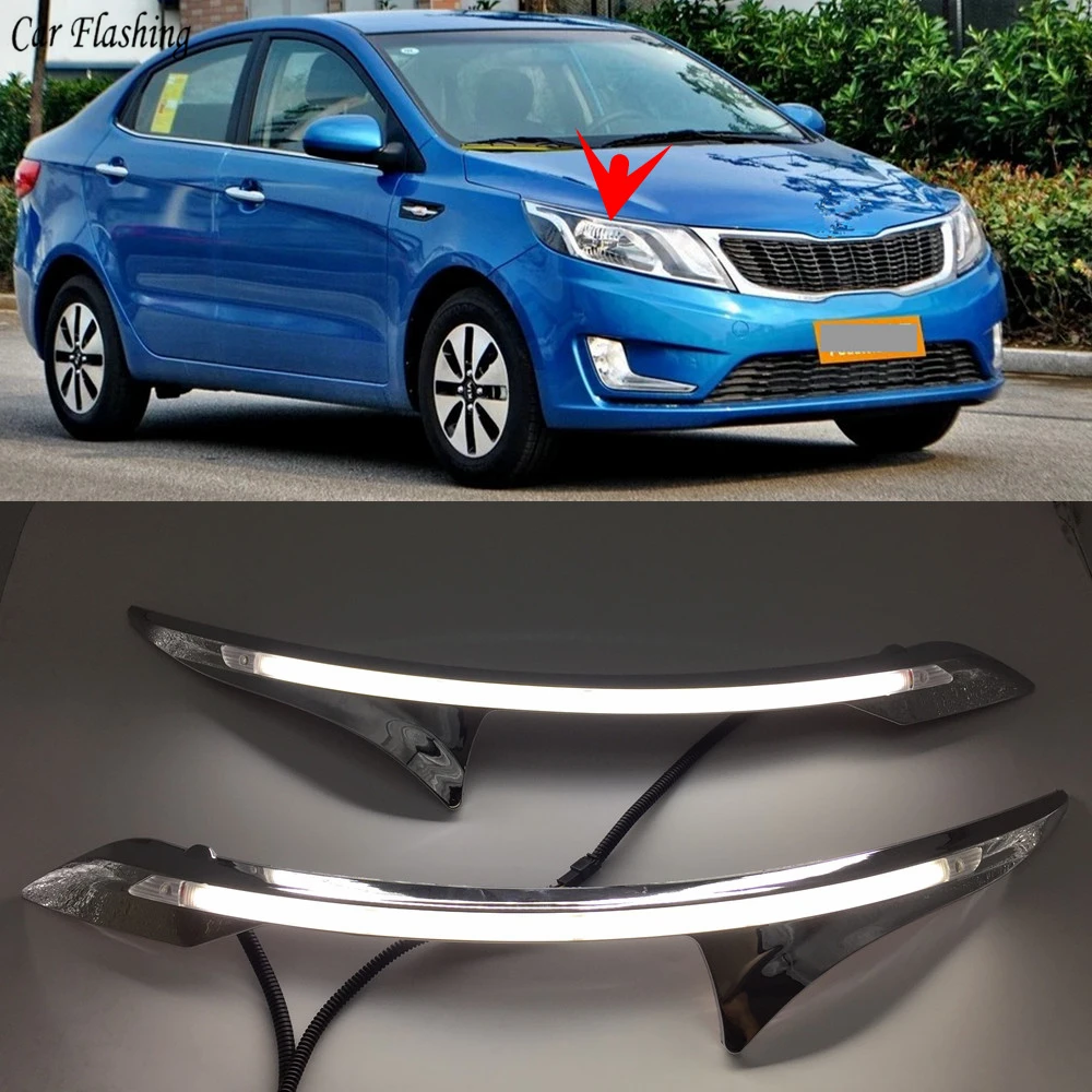 

car flashing 2PCS LED Daytime Running Light Yellow Turn Signal Relay Car Headlight Eyebrow For Kia K2 Rio 2011 2012 2013 2014