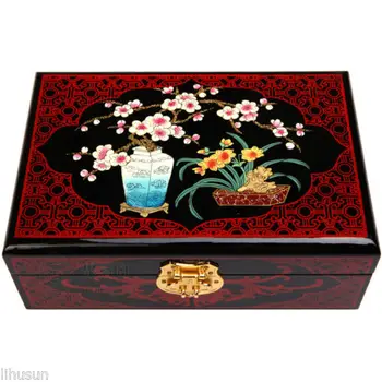 

Wholesale 21*14*7.5cm Chinese Handmade Classic black& red Wooden Lacquerware&Embroidery Peony 2 Layer Jewelry Box