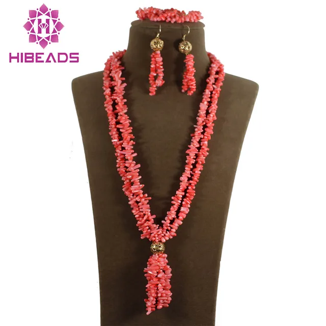 encantador africano coral colar pulseira brincos set moda rosa