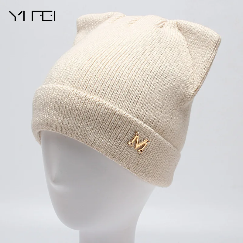 Kitty Cat Ear Wool Double Knitting Hats For Women's  The Letter M Winter Hat Warm Thick Girls Skullies Beanies Female Caps