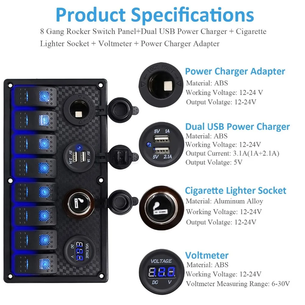 

Marine Boat Rocker Switch Panel 8 Gang Waterproof Toggle Switches with Digital Voltage Display 3.1A Double USB Power Charger