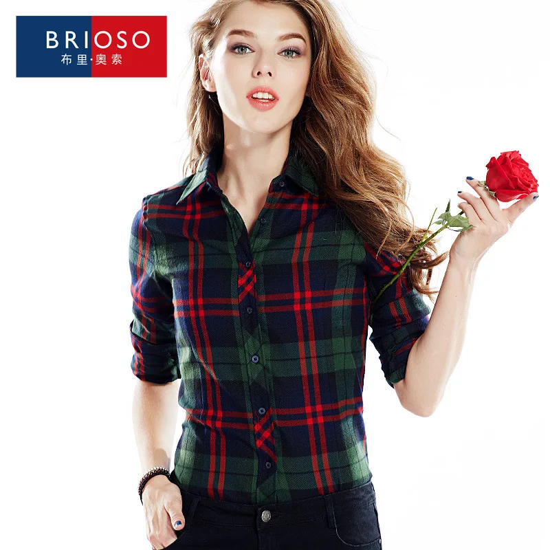 Wholesale 2016 new spring high quality polyester plaid shirt female long sleeves British font b tartan