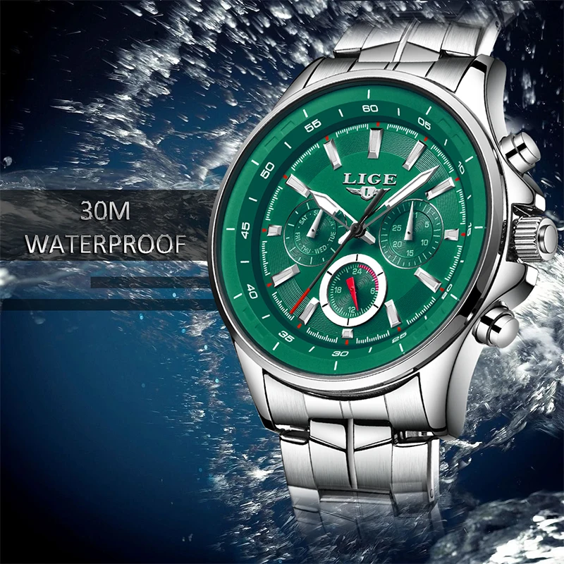  LIGE fashion new sports men's watch men's quartz watch waterproof and shockproof steel belt green m