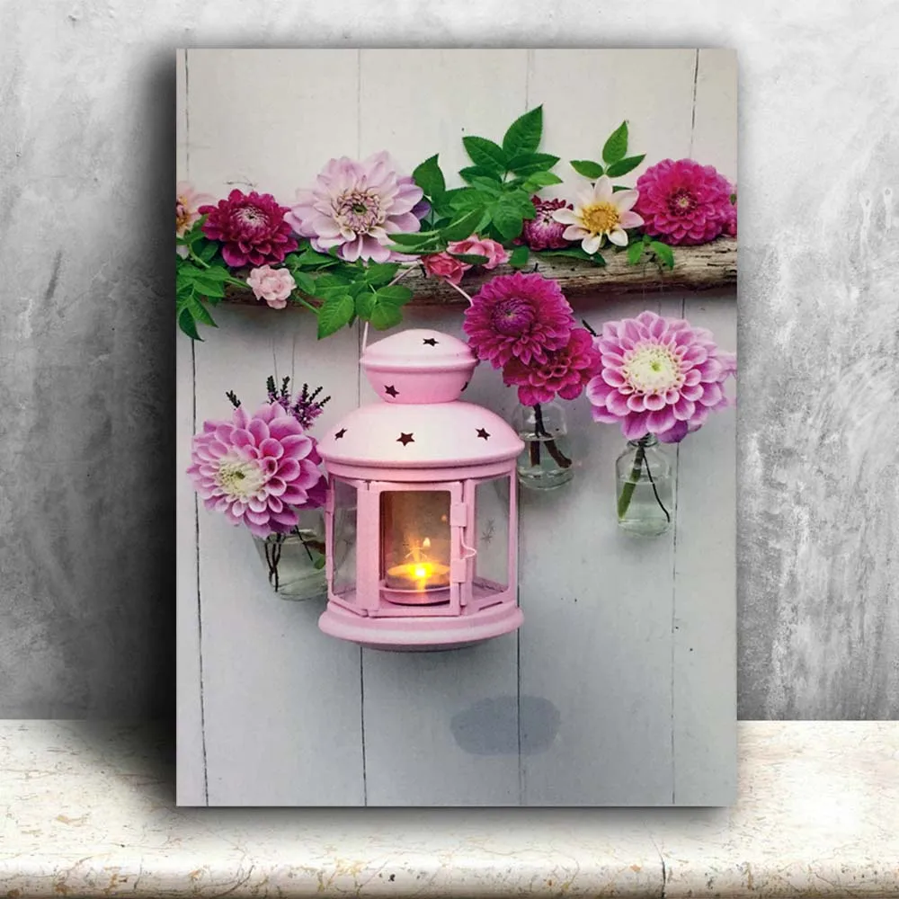 Led canvas art colorful flowers with flicking lantern wall picture