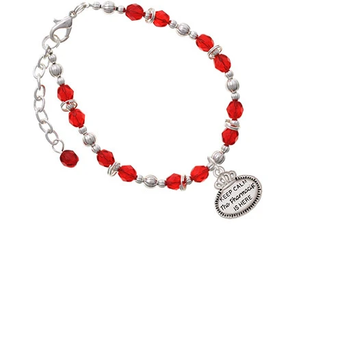 Silvertone Keep Calm The Pharmacist is Here Red Beaded Bracelet