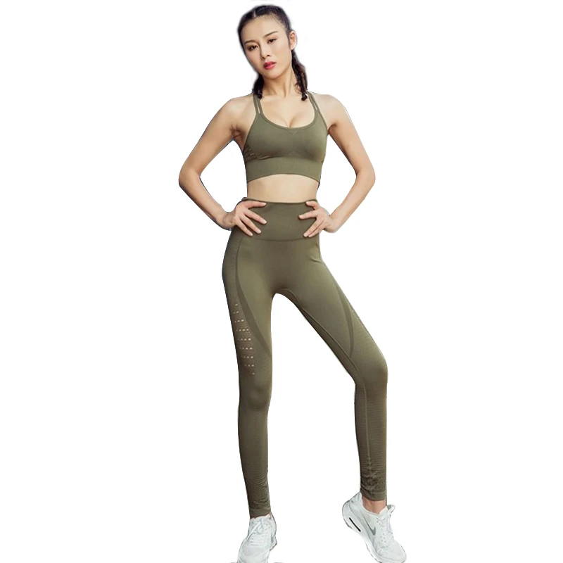 Green Suits Спортивный костюм для фитнеса, Женский бесшовный комплект для йоги, высокая талия, обтягивающие леггинсы для спортзала с акулой и бюстгальтер, спортивная одежда для тренировок, женская одежда - Цвет: Green Suits