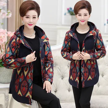 

2020 Middle-aged Women's Autumn Winter Woolen Coat Mother Parkas Plus Size 4XL Printed Hooded Windbreaker Jackets Outerwear X959