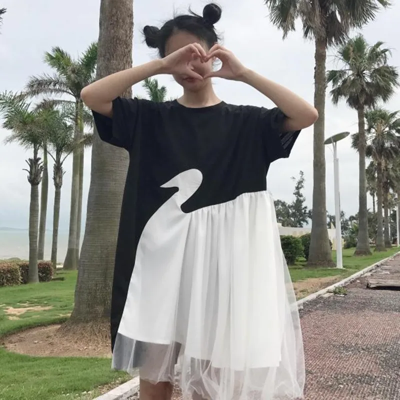 2018 Harajuku Short Sleeve Irregular Casual Dress Girls Black White Swan Patchwork Mesh T-shirt Dress Dresses