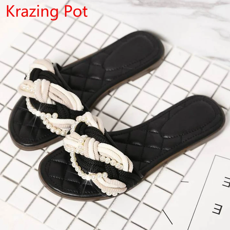 

Krazing pot hot Genuine Leather Round Peep Toe Women Flats Slippers Pearl Beading Preppy Style Superstar Concise Sandals L01