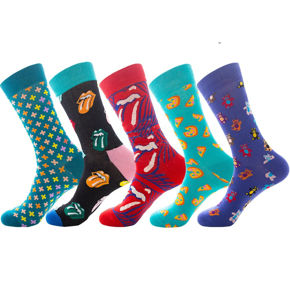 PEONFLY/забавные Носки с рисунком из мультфильма «рот и язык», мужские цветные носки с изображением пиццы и медведя, повседневные носки в стиле Харадзюку, носки в стиле хип-хоп для скейтборда
